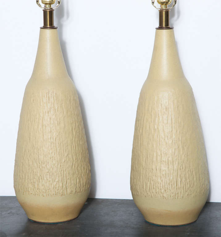 Tall Pair Lee Rosen for Design Technics Textured Pale Yellow Pottery Lamps For Sale 1