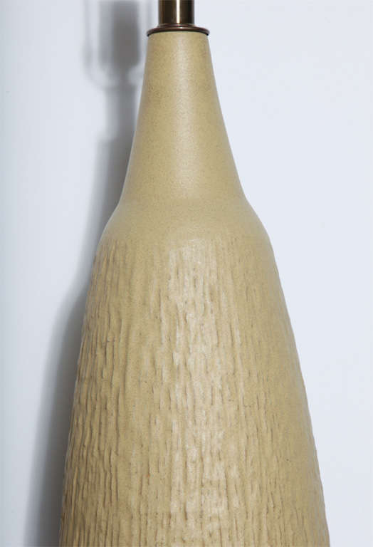 Tall Pair Lee Rosen for Design Technics Textured Pale Yellow Pottery Lamps In Good Condition For Sale In Bainbridge, NY