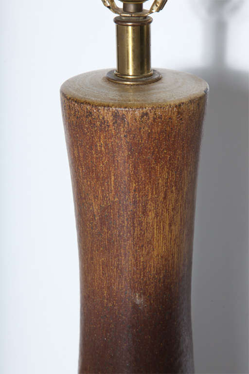 Tall Lee Rosen for Design Technics Wheel Thrown Splayed Deep Brown Glazed Ceramic Table Lamp, Circa 1960. Small footprint. Featuring a large tapered form, in glazed gradated earthen tones including a Deep Brown waist with Coffee, Chocolate, Rust,