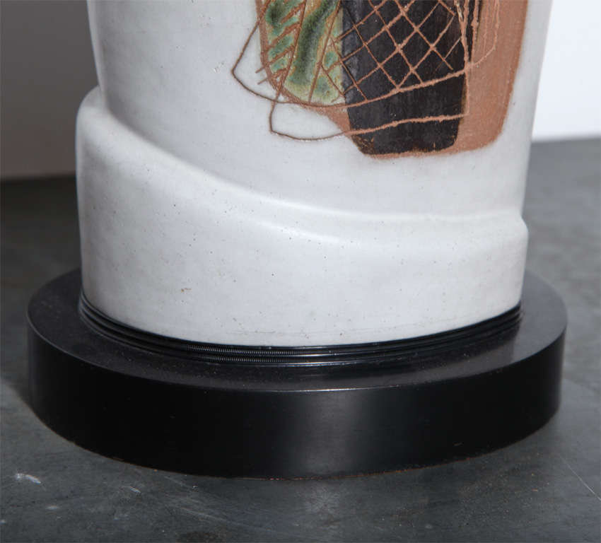 Marianna Von Allesch Incised Abstract Figurative Ceramic Lamp with Glass Shade   For Sale 1