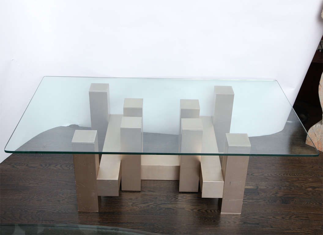 A1960s architectural brushed aluminum and glass table.