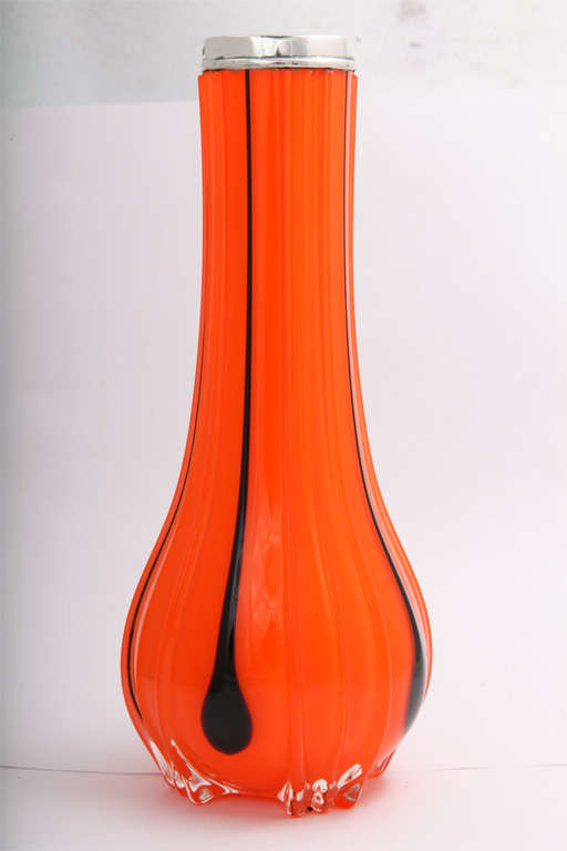 Sterling Silver-Mounted Footed Pumpkin Orange and Black Vase