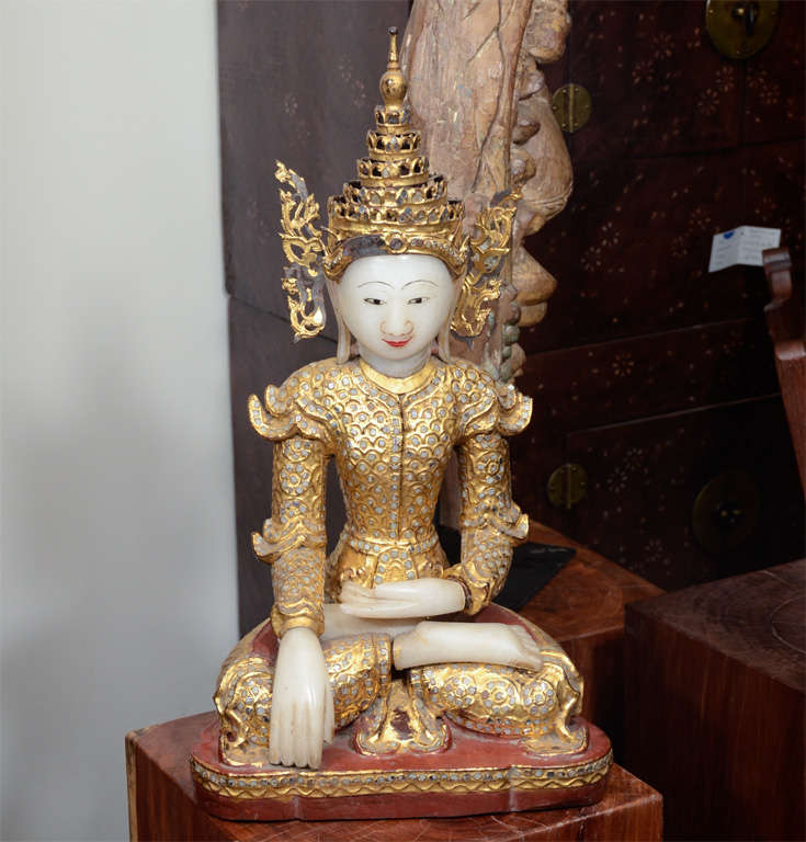 Alabaster Seated Buddha with Gold Leaf Applique Royal Attire and Removal Headdress in Gold. Painted face.