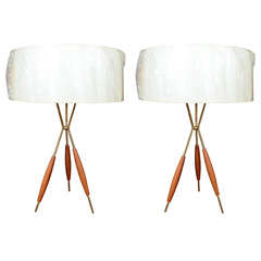 Gerald Thurston For Lightolier Walnut stem Tripod Lamps