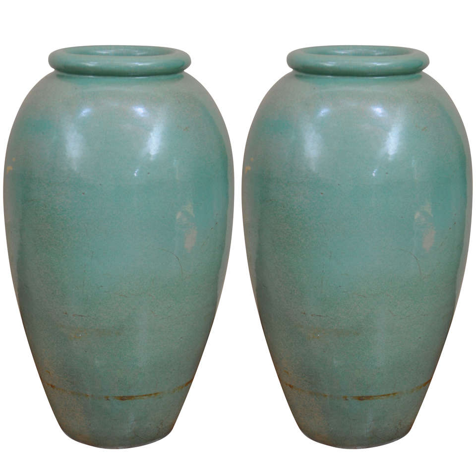 Pair of Large-Scale Pottery Urns Attributed to Bauer Pottery, California