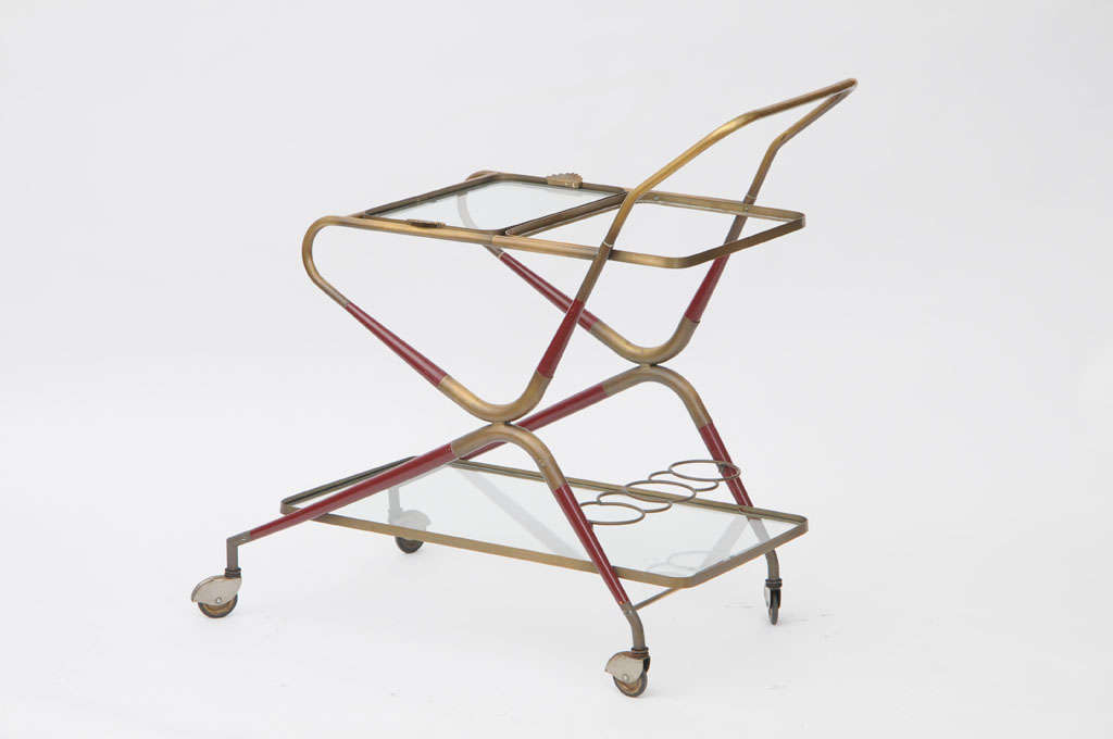 Italian Cesare Lacca Brass Glass Bar Cart Mid-Century Modern Italy 1950 For Sale