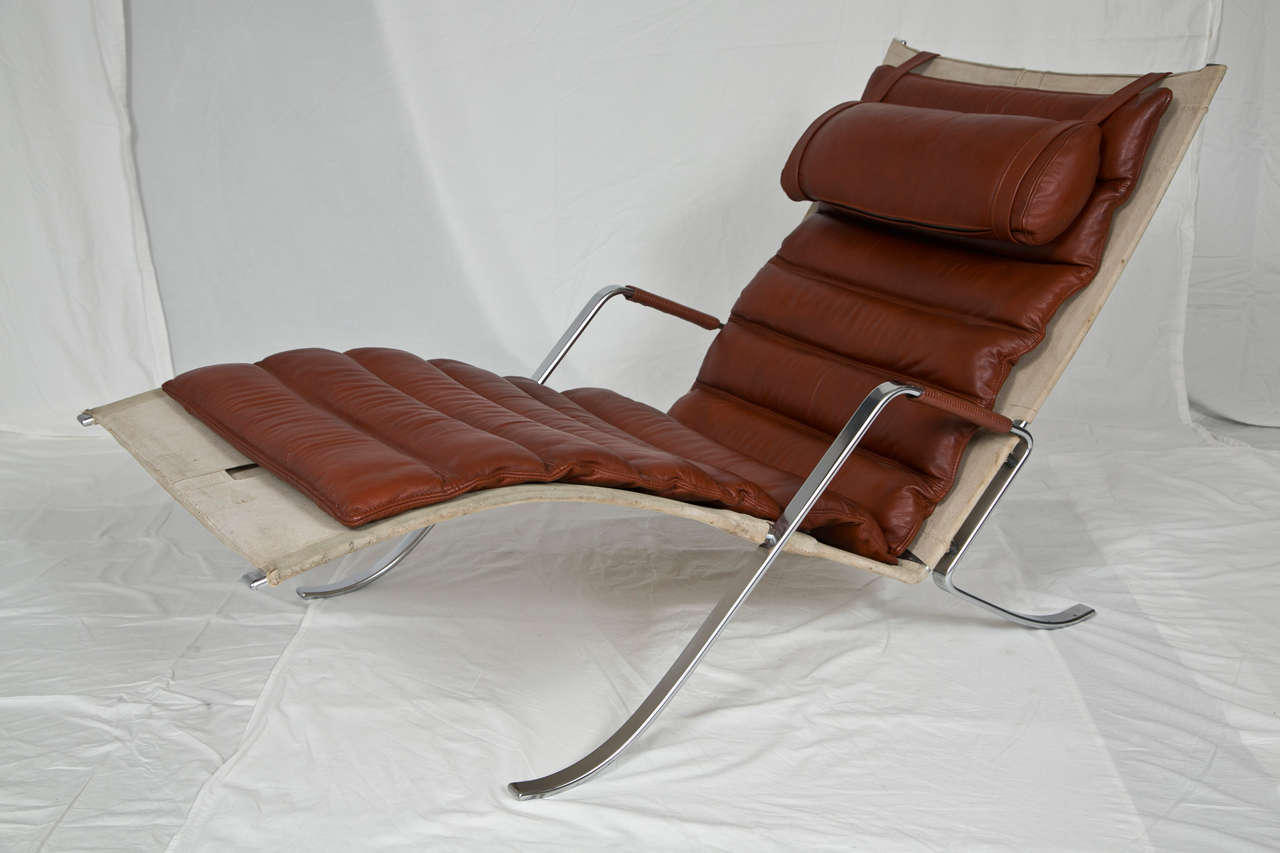 Rarely seen lounge chair designed and produced in 1968 by the team of Fabricus and Kastholm.  Original leather is soft and has a great worn-in patina. Canvas supports leather cushion. Chair is super comfortable.