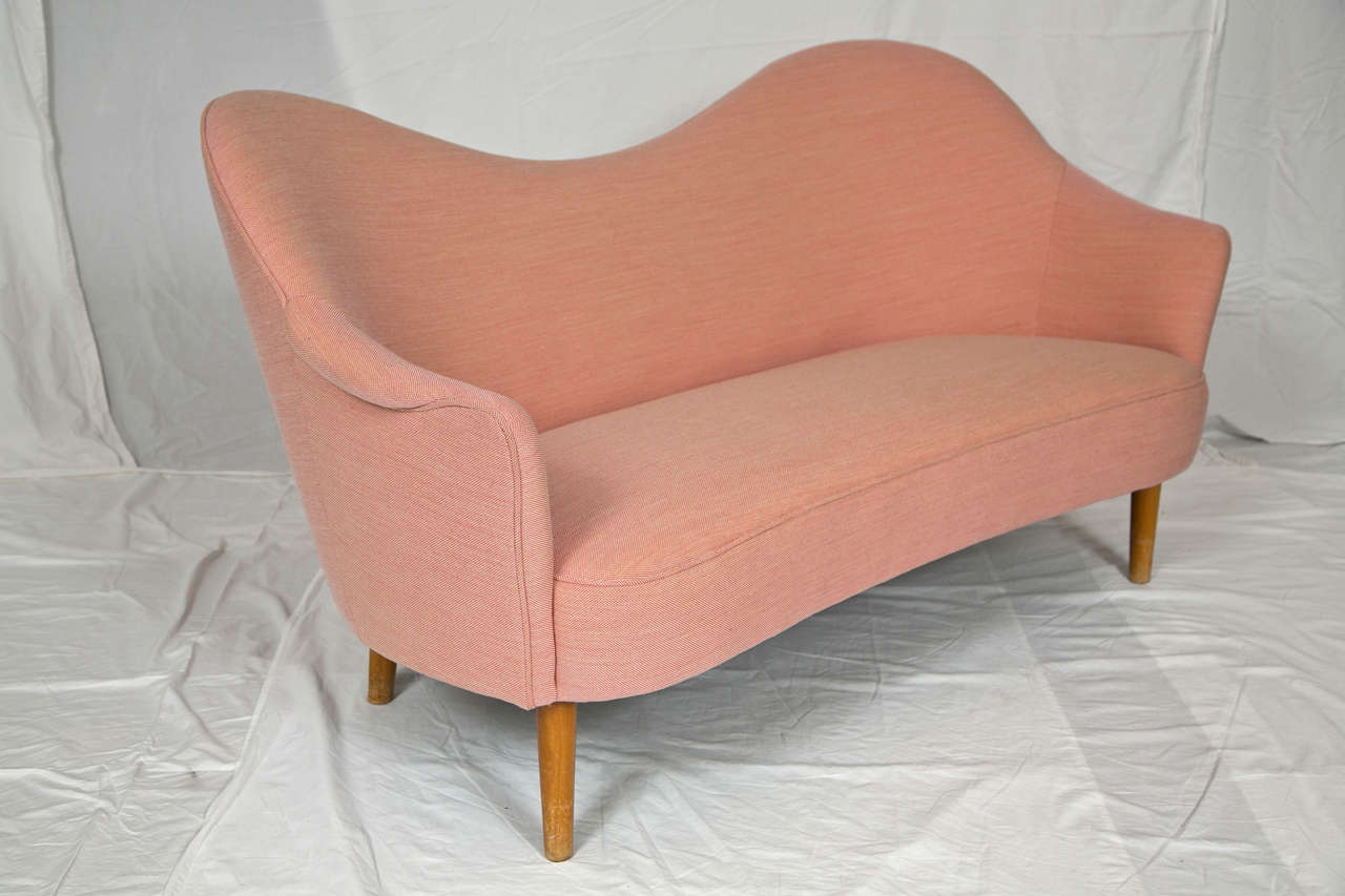 Gorgeous sofa in great condition. Original Malmsten Sweden. Pale-pink high-quality woven fabric is in pristine condition. Frame has very little wear. Really a gorgeous piece.