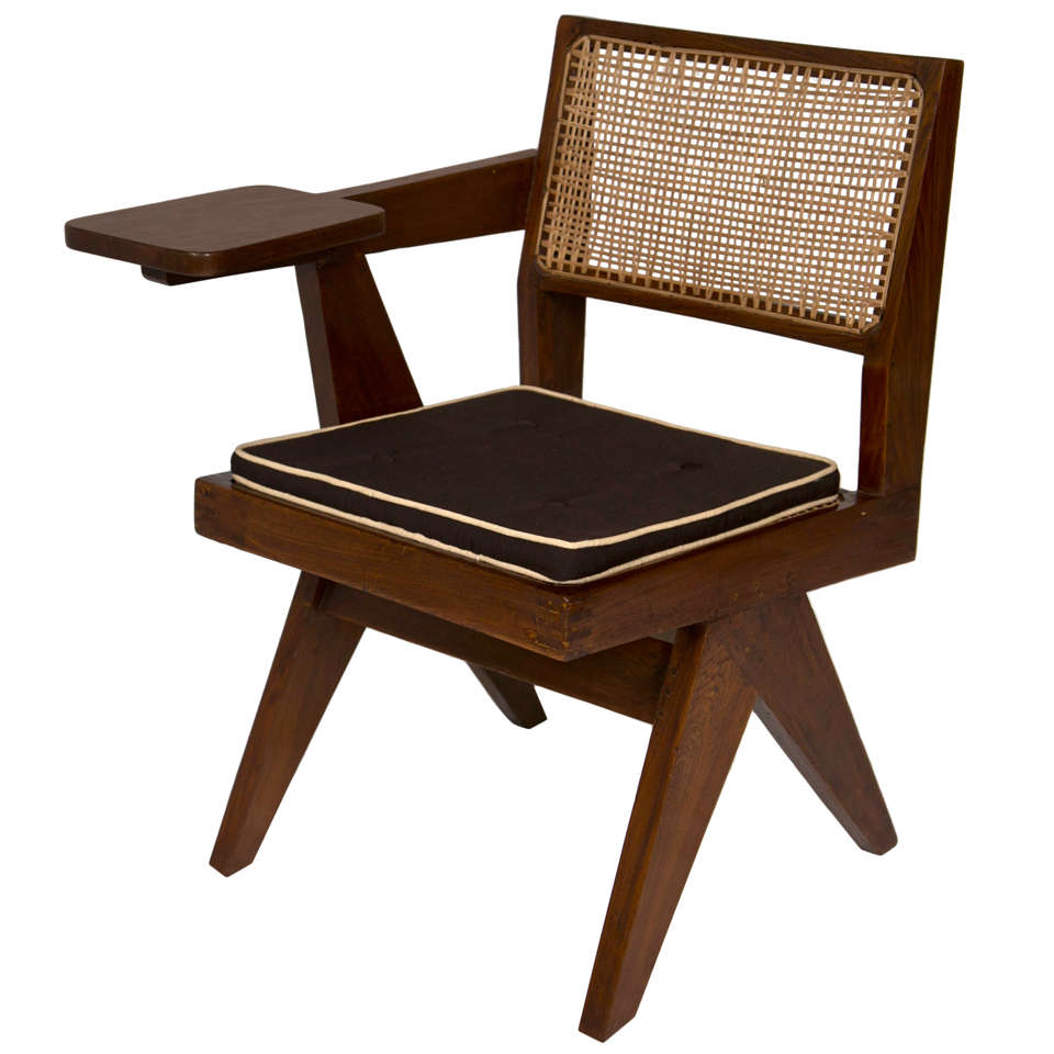Pierre Jeanneret Teak and Cane Student Chair, Chandigarh, India 1950's
