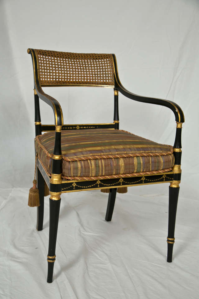 19th Century 8 Regency Caned Dining Arm Chairs with Silk Cushions and Tassels