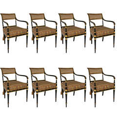 19th Century 8 Regency Caned Dining Arm Chairs with Silk Cushions and Tassels
