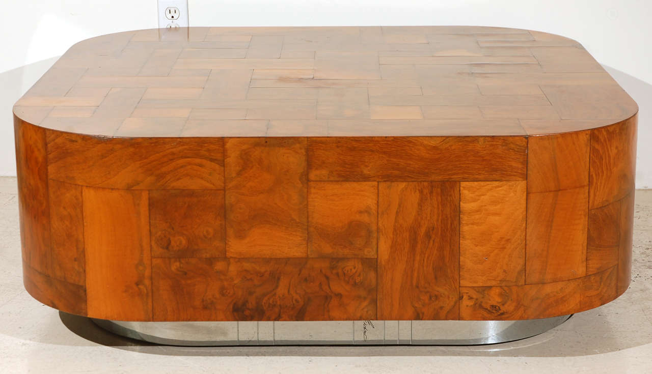 Walnut burl patchwork coffee table by Paul Evans for Directional.  Square with rounded corners and chrome base.  