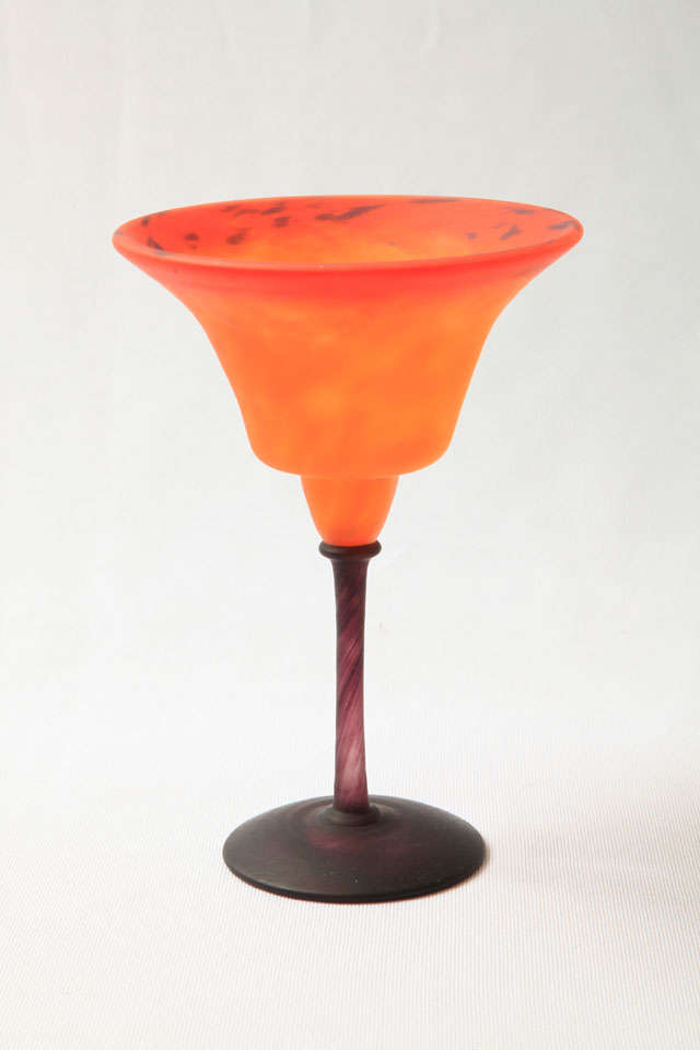 A vivid 'Coupe Bijou' designed by the French artist Charles Schneider (1881-1953) and produced by his own glass studio in Epinay sur Seine, France, near Paris, circa 1920's. 
Etched signature 'Schneider' (faded) in capital letters on the foot base