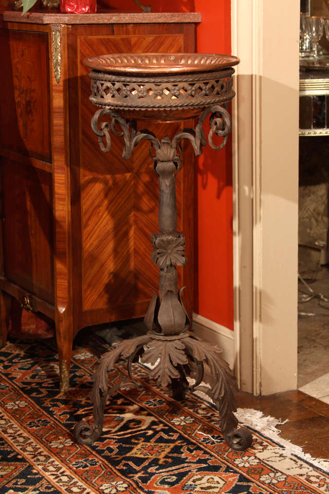 Wrought iron Jardiniere with copper bowl. Acanthus scroll, and hand hammered basin.