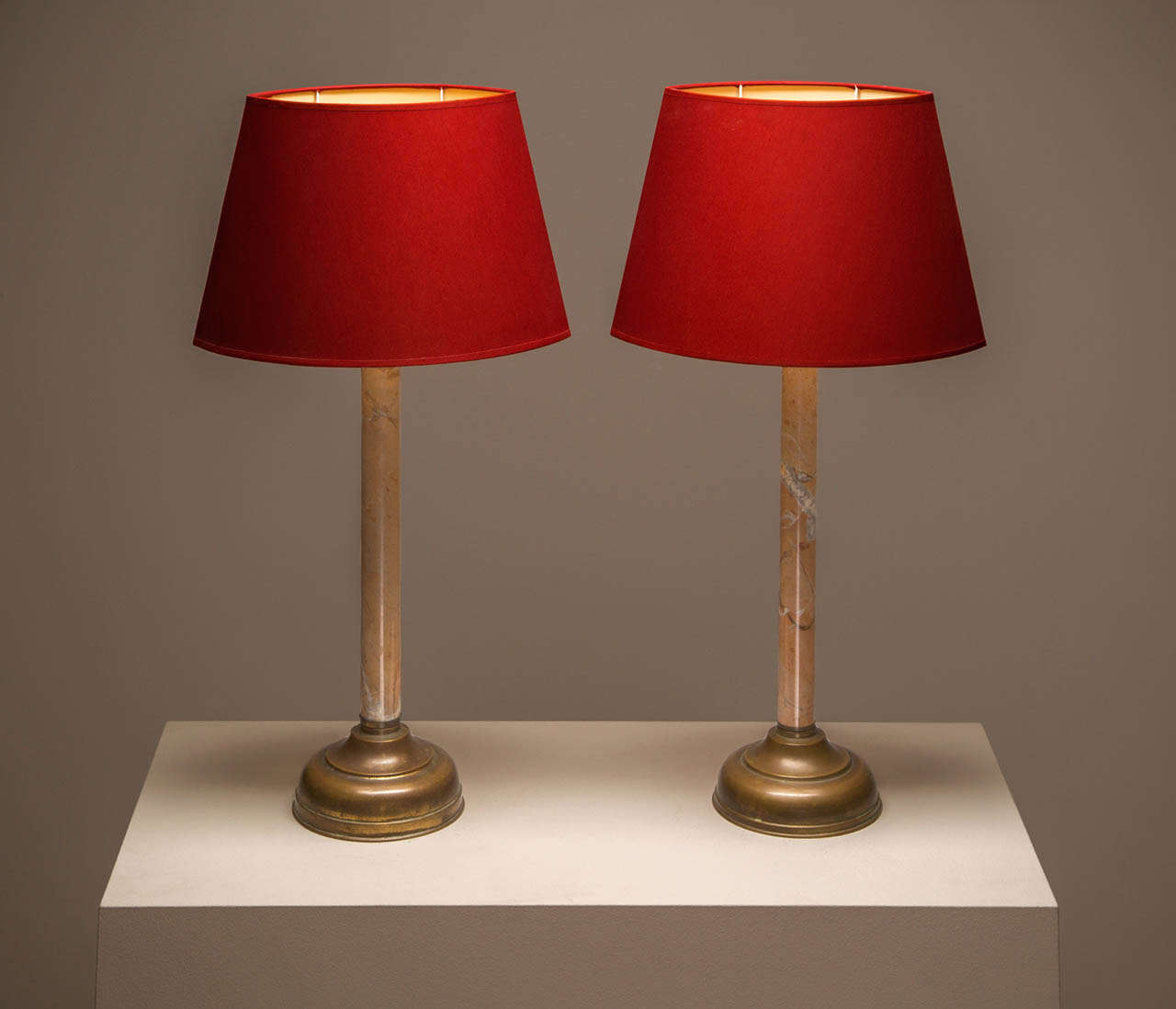 Italian Signed Pair of Tomasso Barbi Table Lamps, Marble and Brass
