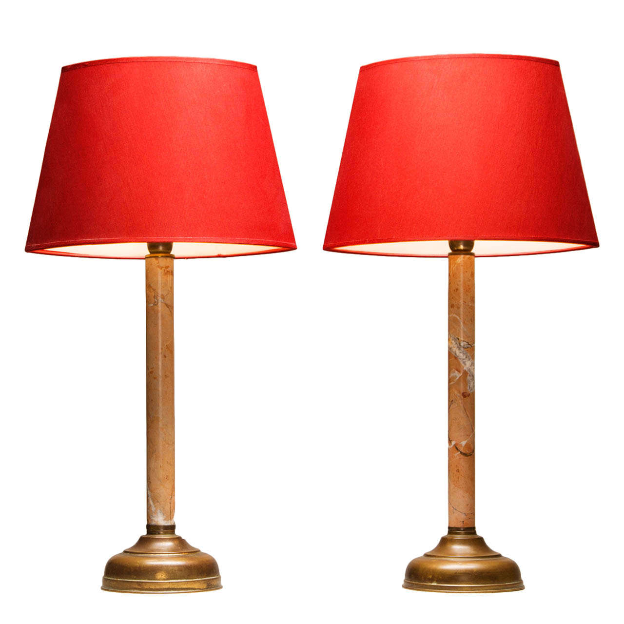 Signed Pair of Tomasso Barbi Table Lamps, Marble and Brass