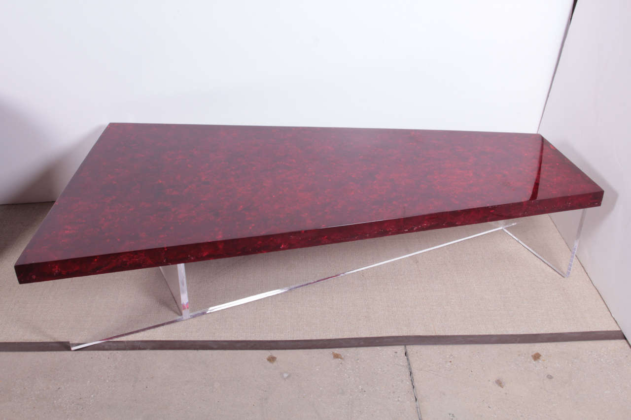 coffee table designed by Marie-Claude de Fouquieres
rare ruby resin top on lucite base