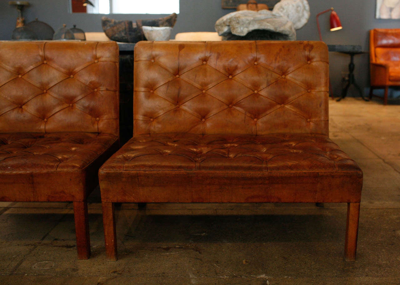 Danish Pair of Kaare Klint Tufted Leather Settees, Denmark, 1930