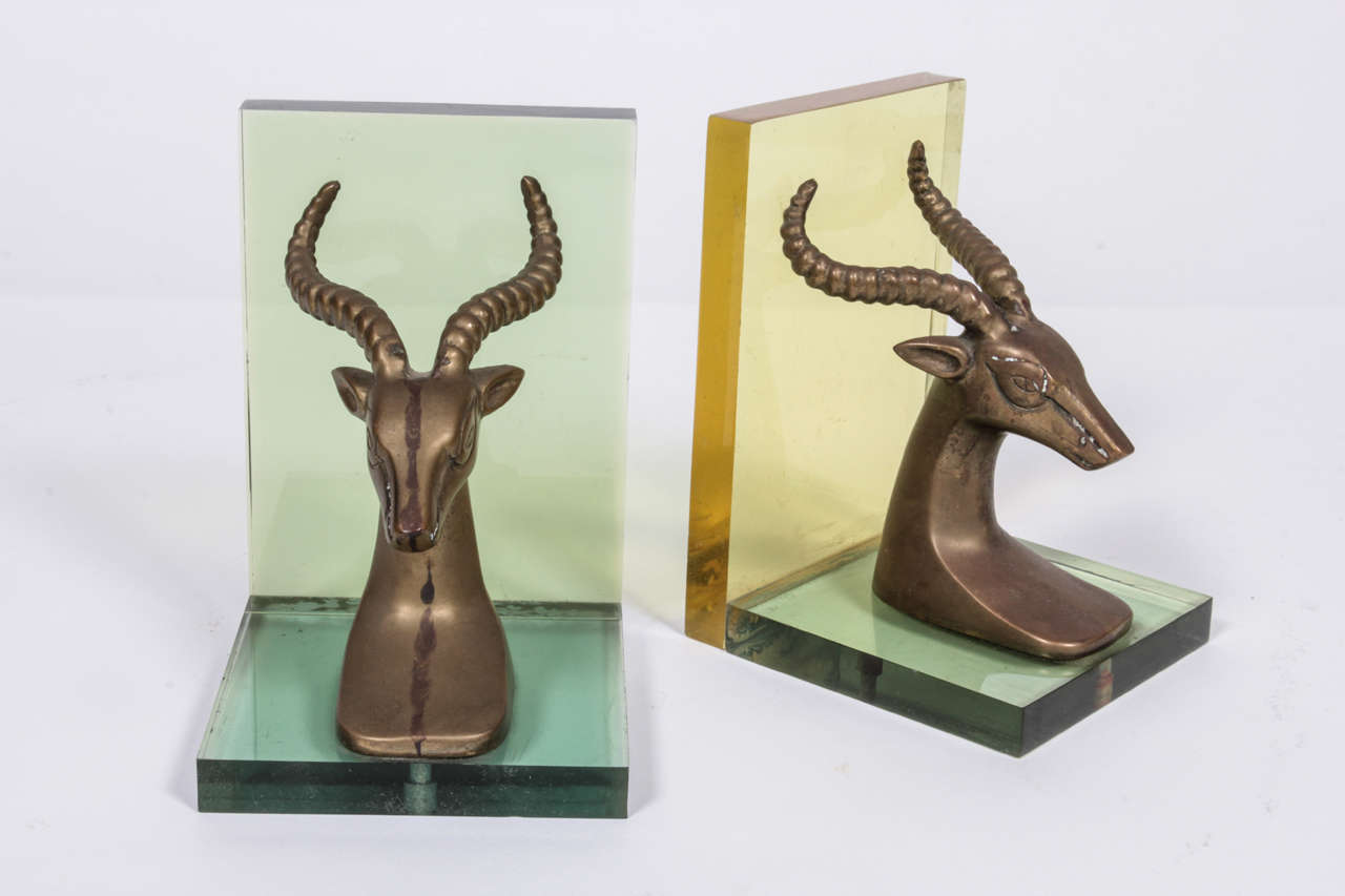 Hollywood Regency Pair of Ram Head Lucite Bookends