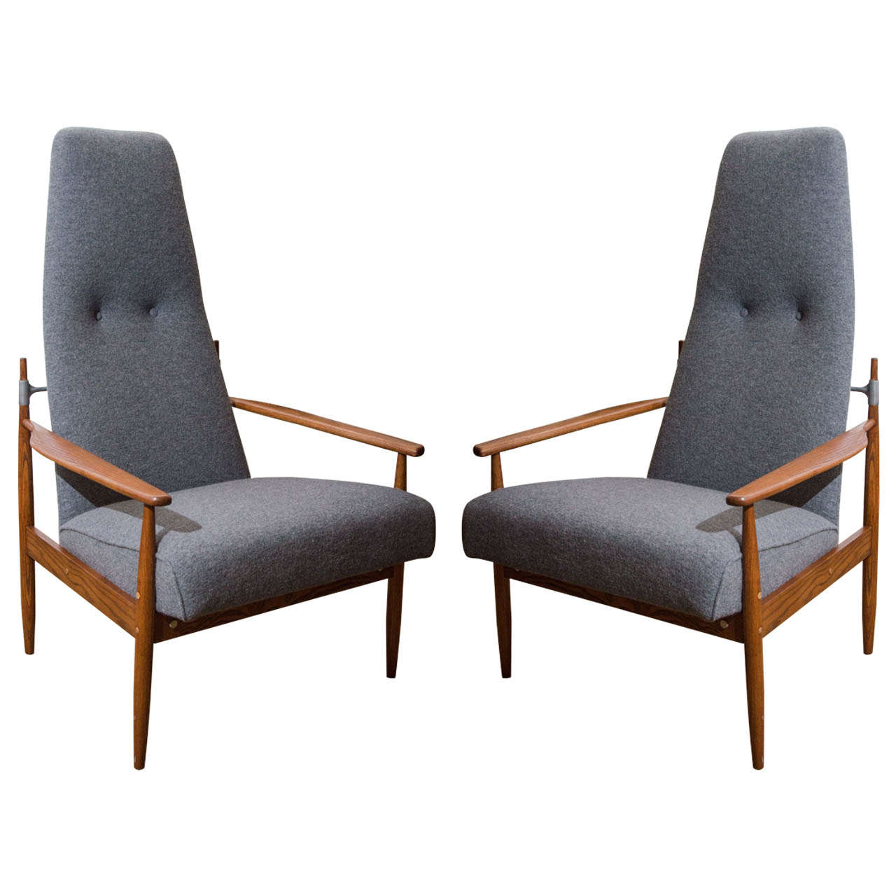 Pair of Danish Peter Hvidt Tall Lounge Chairs in Grey Flannel For Sale