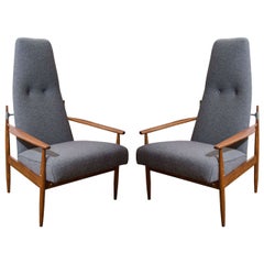 Vintage Pair of Danish Peter Hvidt Tall Lounge Chairs in Grey Flannel