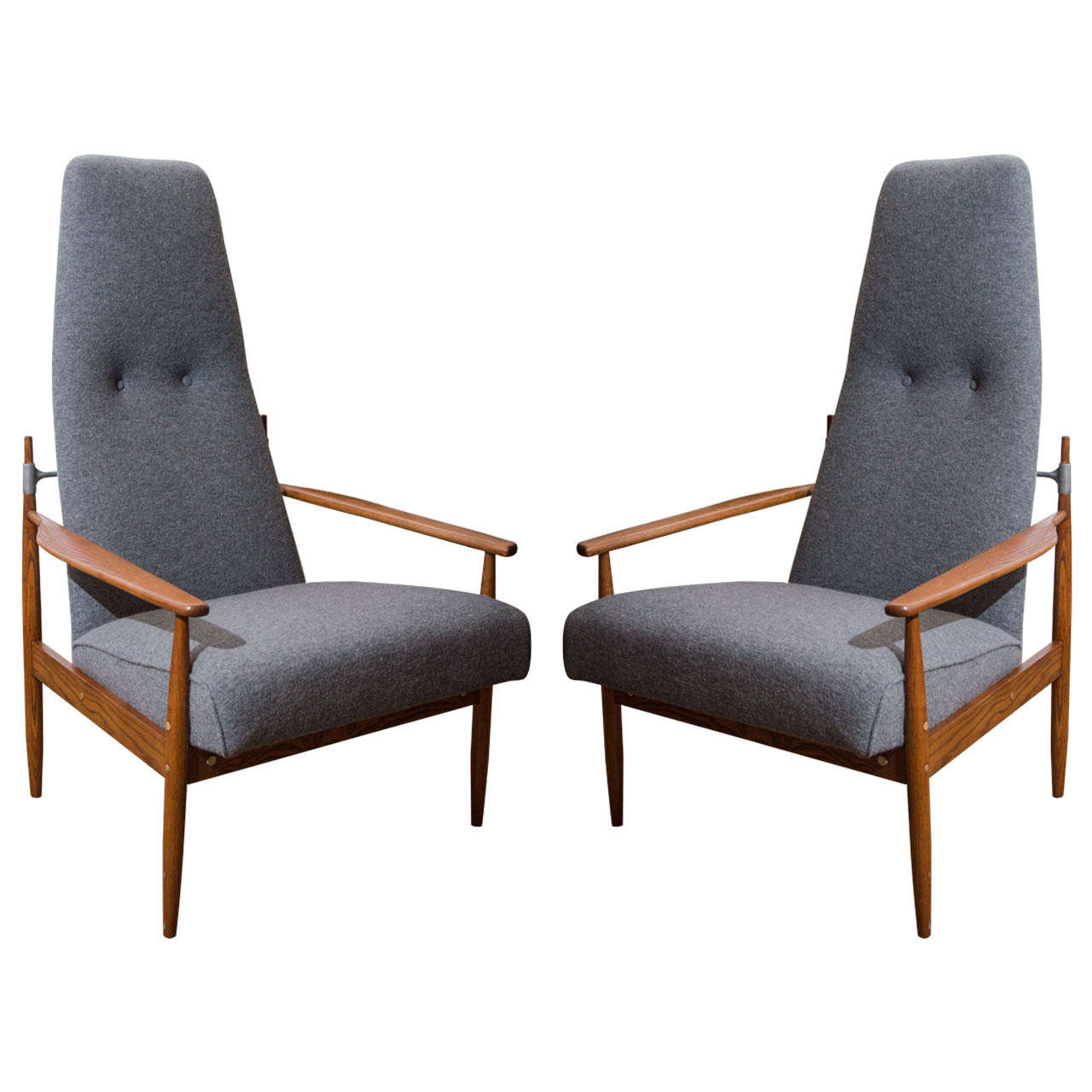 Pair Of Danish Peter Hvidt Tall Lounge Chairs In Grey Flannel For Sale