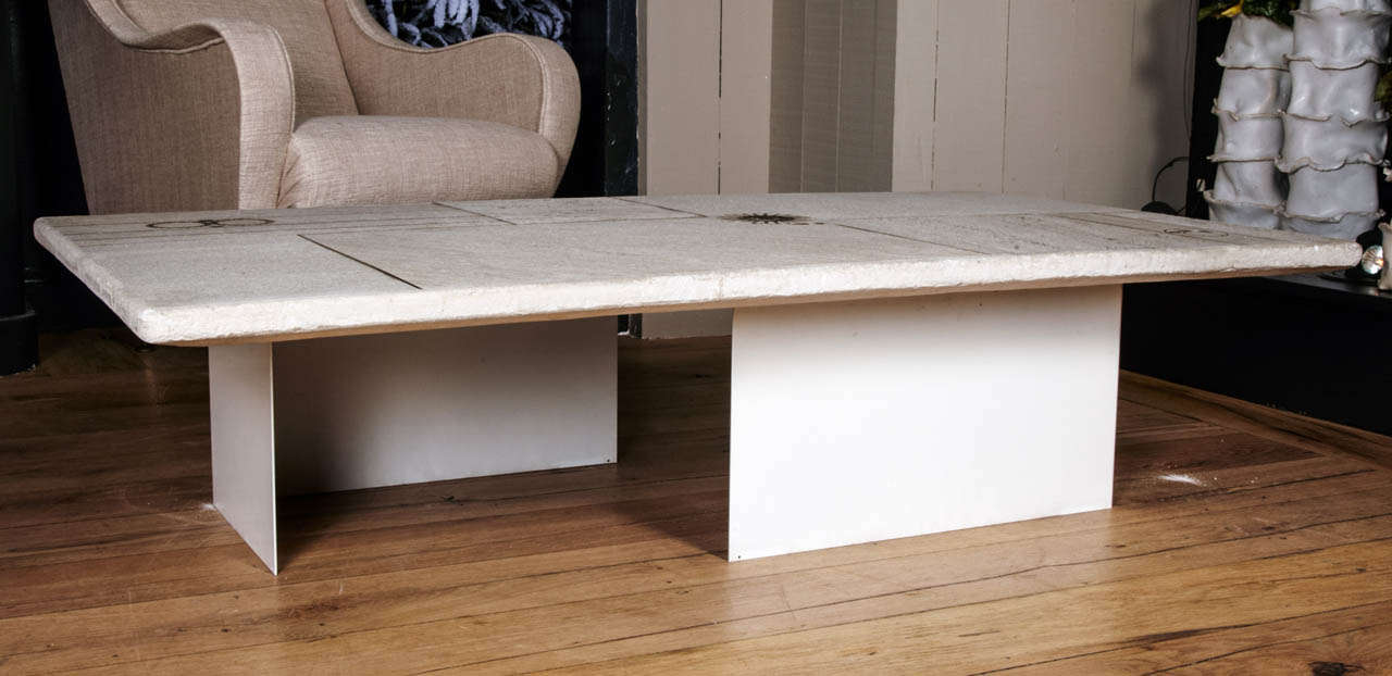 Rare Paul Kingma Coffee Table in White Stone Top and Brass Inlay circa 1980