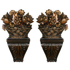 Antique Pair of 1900's Italian Carved Walnut Wall Appliques