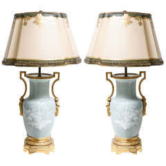 19th Century Pair of French Bronze Mounted Porcelain Urn Lamps