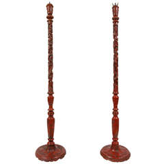 Antique 19th Century Pair of Chinese Carved Pricket Stick Floor Lamps