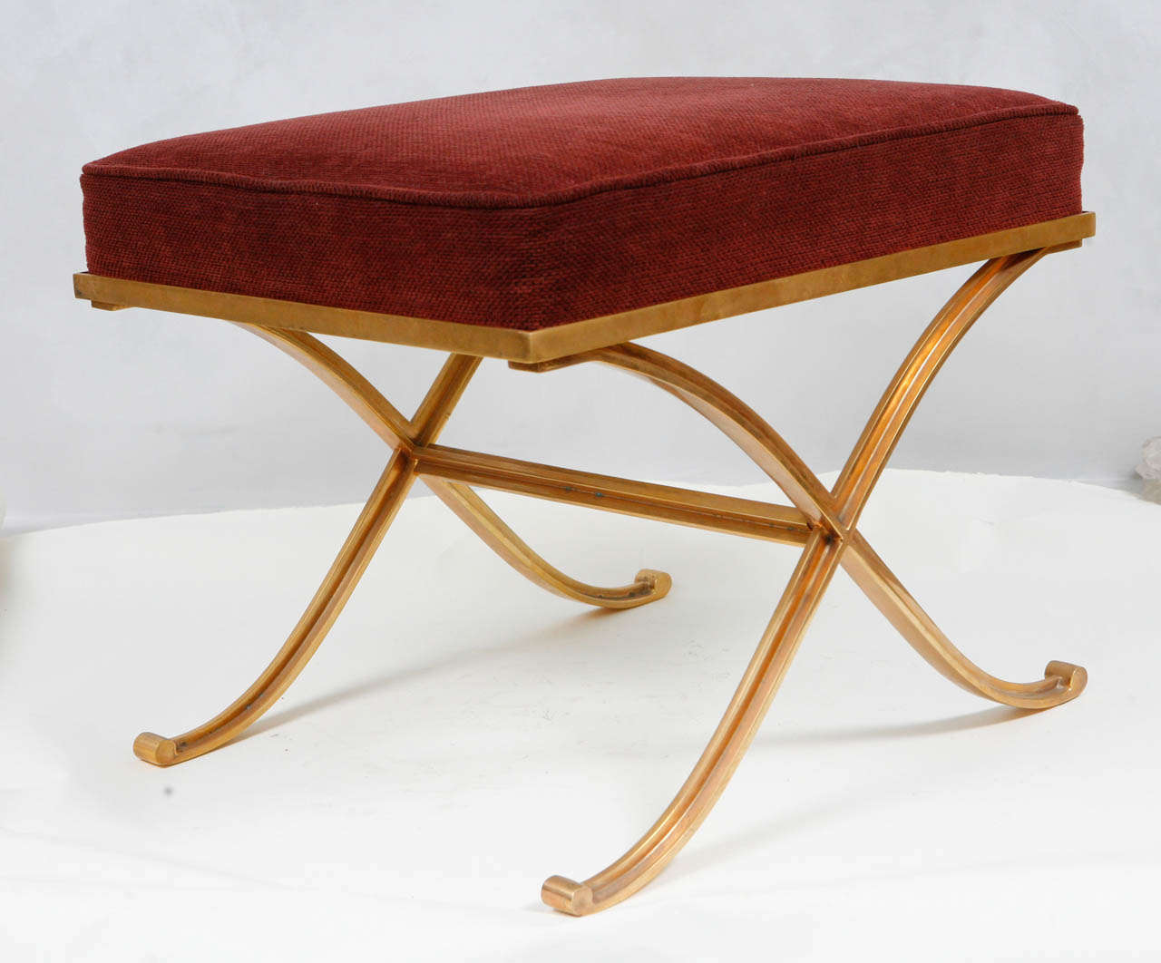 Single Mid Century French Bronze X Stool upholstered in Chenille