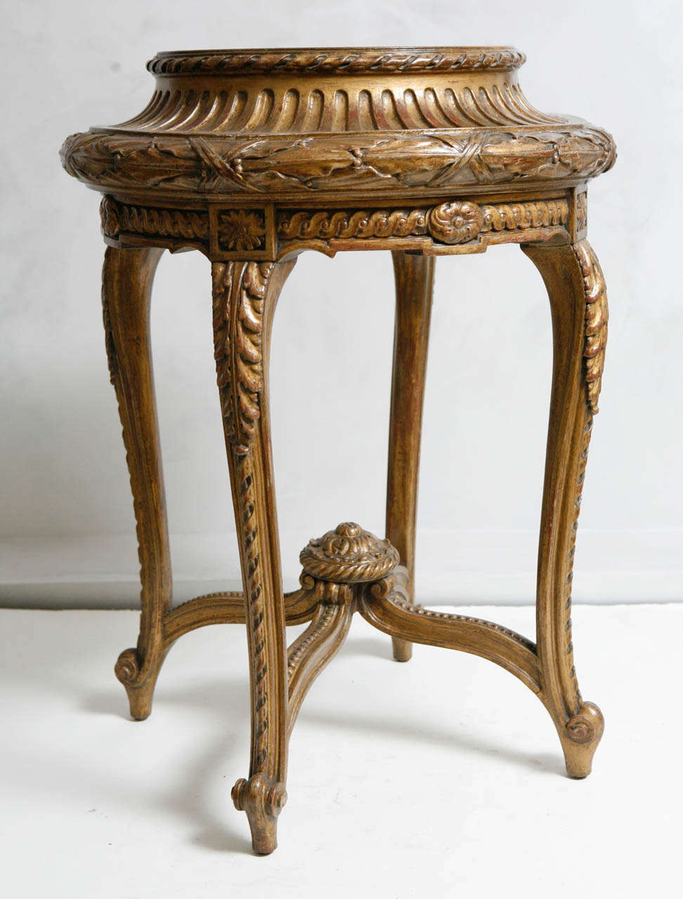 19th c. French Giltwood Round Occasional Table with Stretcher