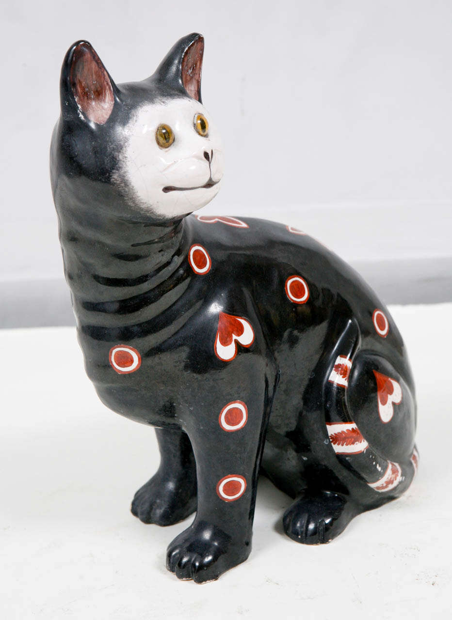 19th c. French Emile Galle Faience Porcelain Cat with Cheshire Grin in Black, Red and White.