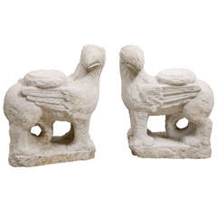 Pair of Roman Mythological Winged Creatures in Hand-Carved Stone 1