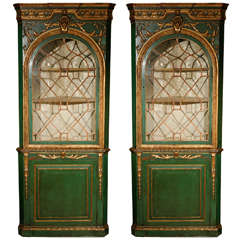 Pair of English Giltwood and Painted Two-Part Corner Cabinets