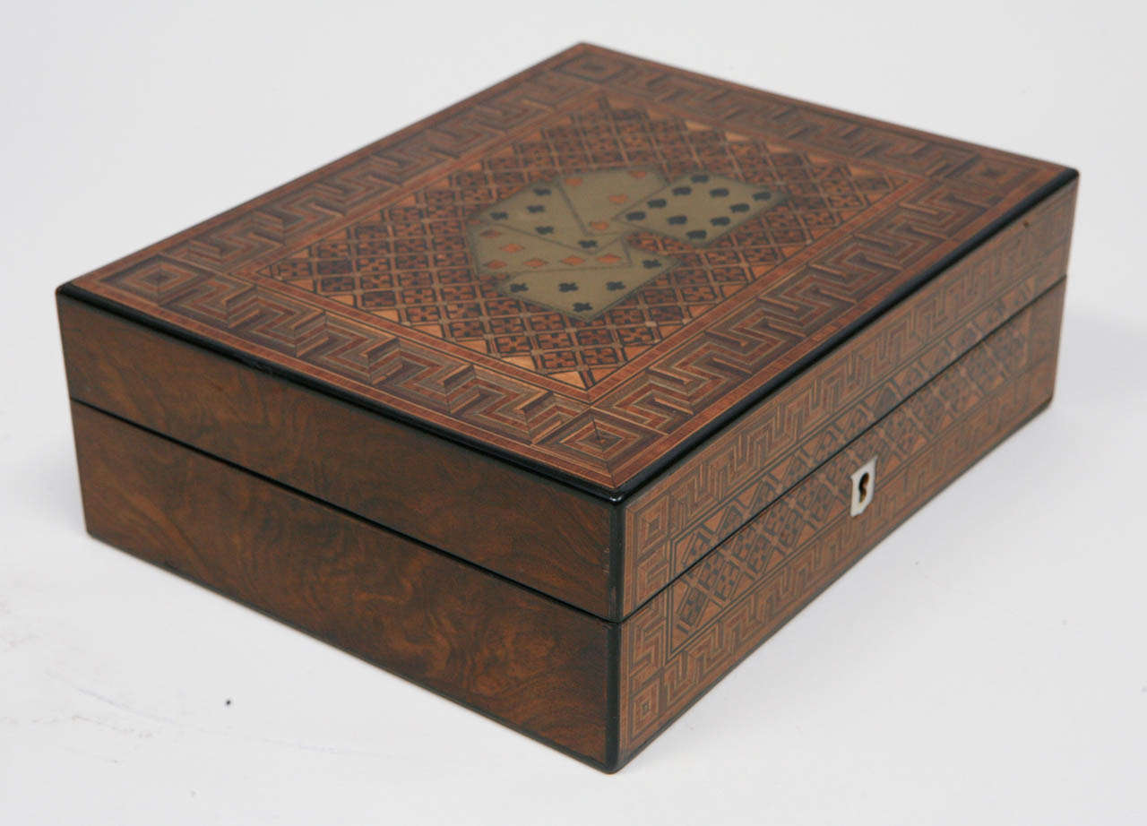 19th century English Game box finely inlaid with Satinwood, Ebony and Brass