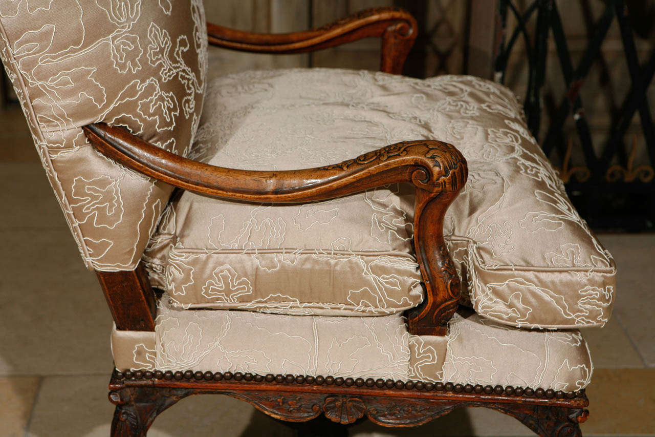 Silk 18th Century French Regence Single Walnut Armchair