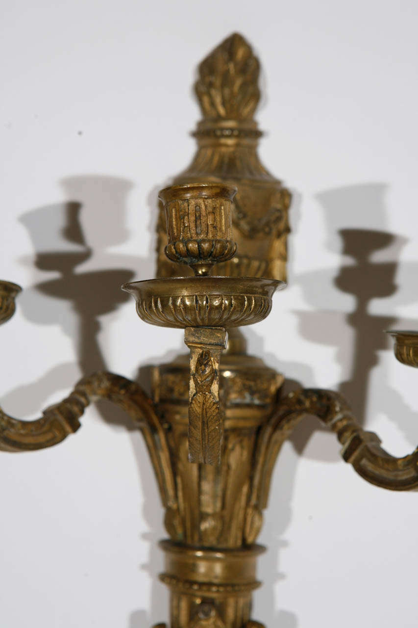 Pair of 19th Century French Dore Bronze Three-Arm Sconces In Good Condition For Sale In Los Angeles, CA