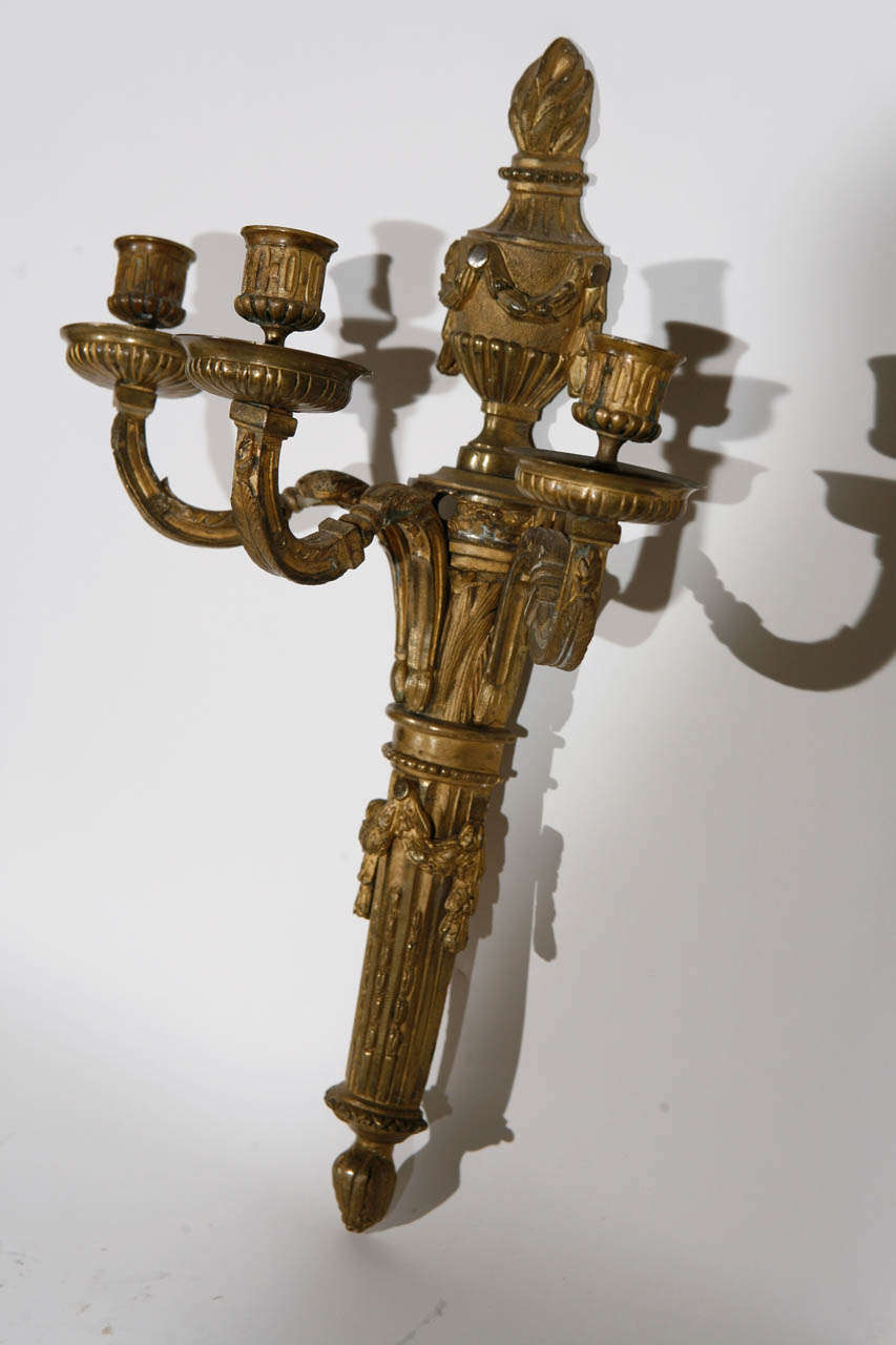 Pair of 19th Century French Dore Bronze Three-Arm Sconces For Sale 2