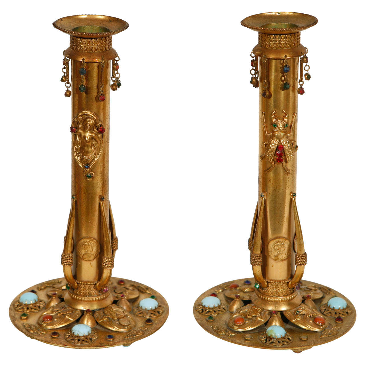 Pair of Circa 1900 French Egyptian Revival  Bronze Candlesticks