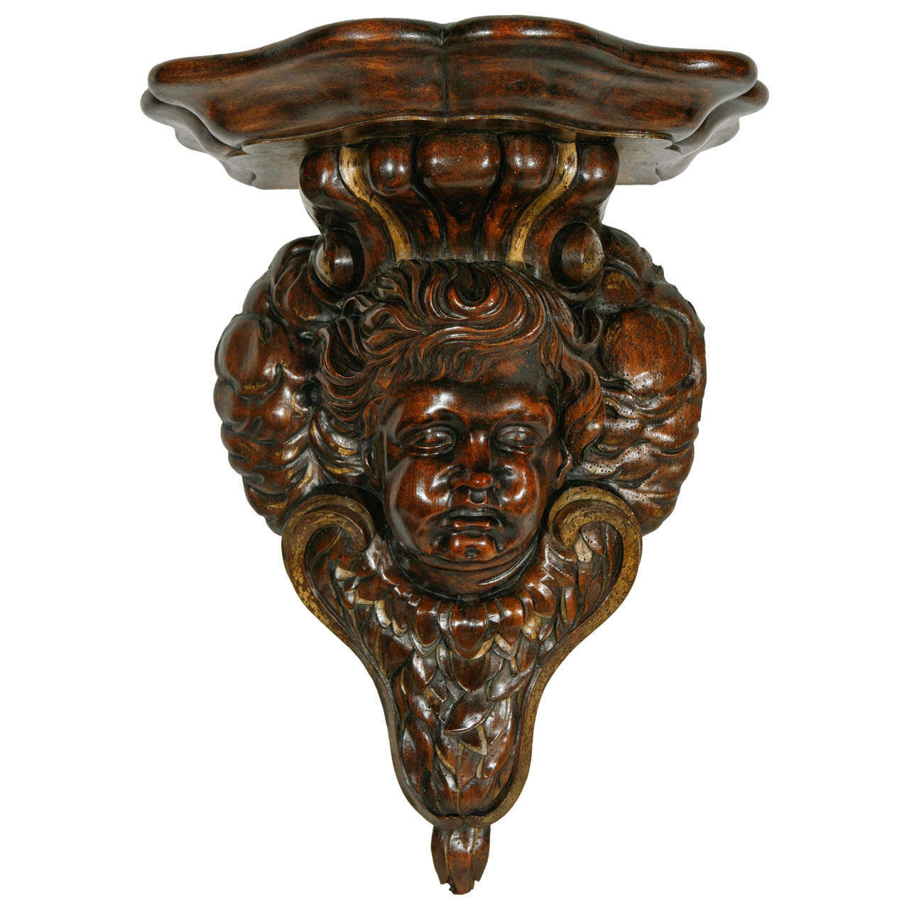 19th Century Italian Carved Cherub in Walnut Wall-Mounted Console For Sale