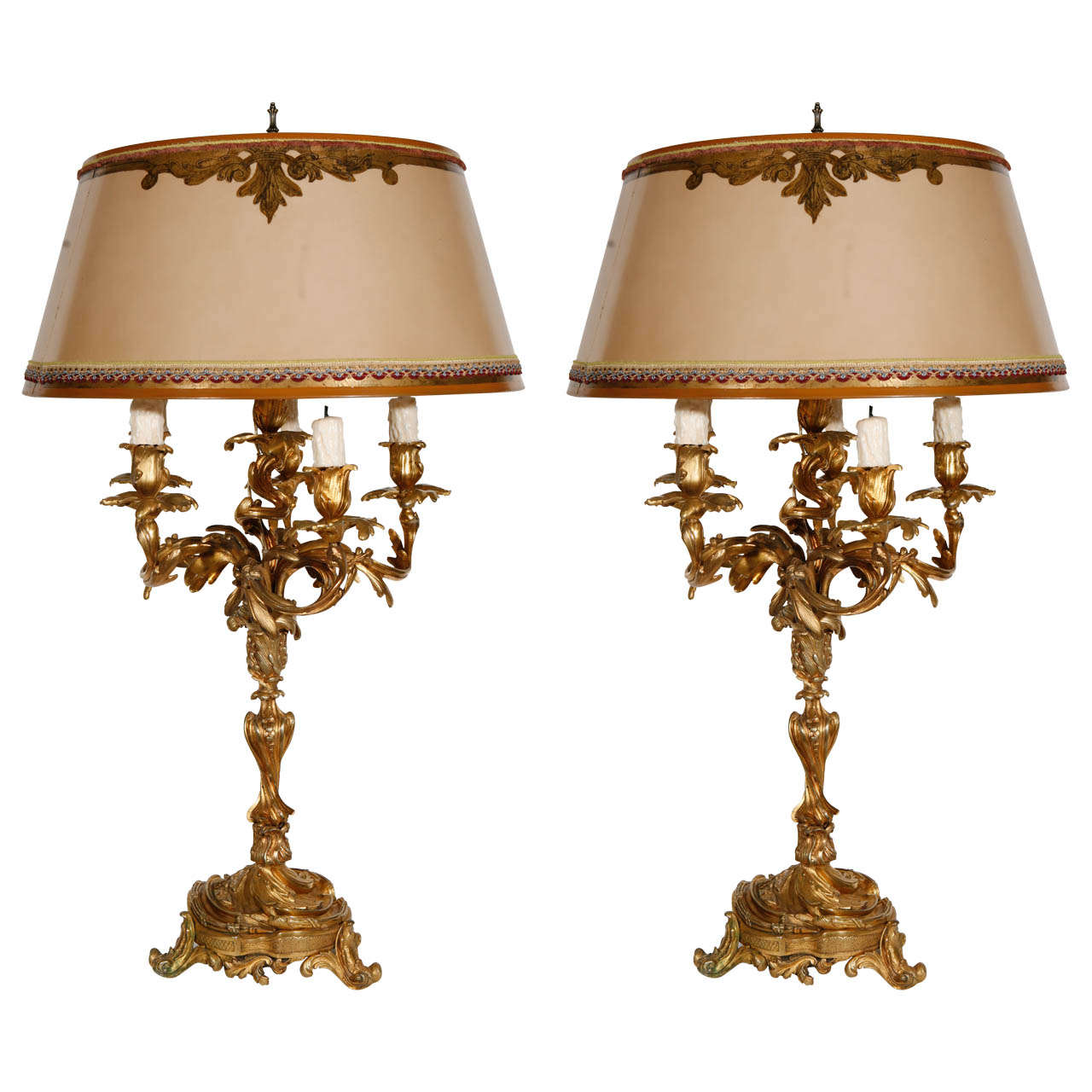 Pair of 19th Century French Dore Bronze Candelabra Lamps
