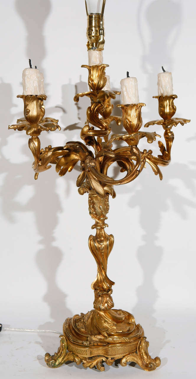 Pair of 19th Century French Dore Bronze Candelabra Lamps In Excellent Condition In Los Angeles, CA