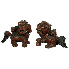 Antique Pair of 19th Century Chinese Carved Foo Dogs