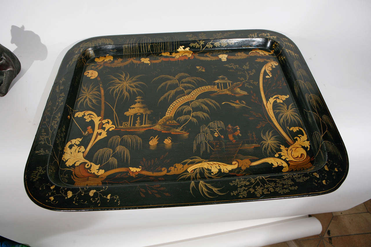 19th century English papier mâché tray with chinoiserie motif