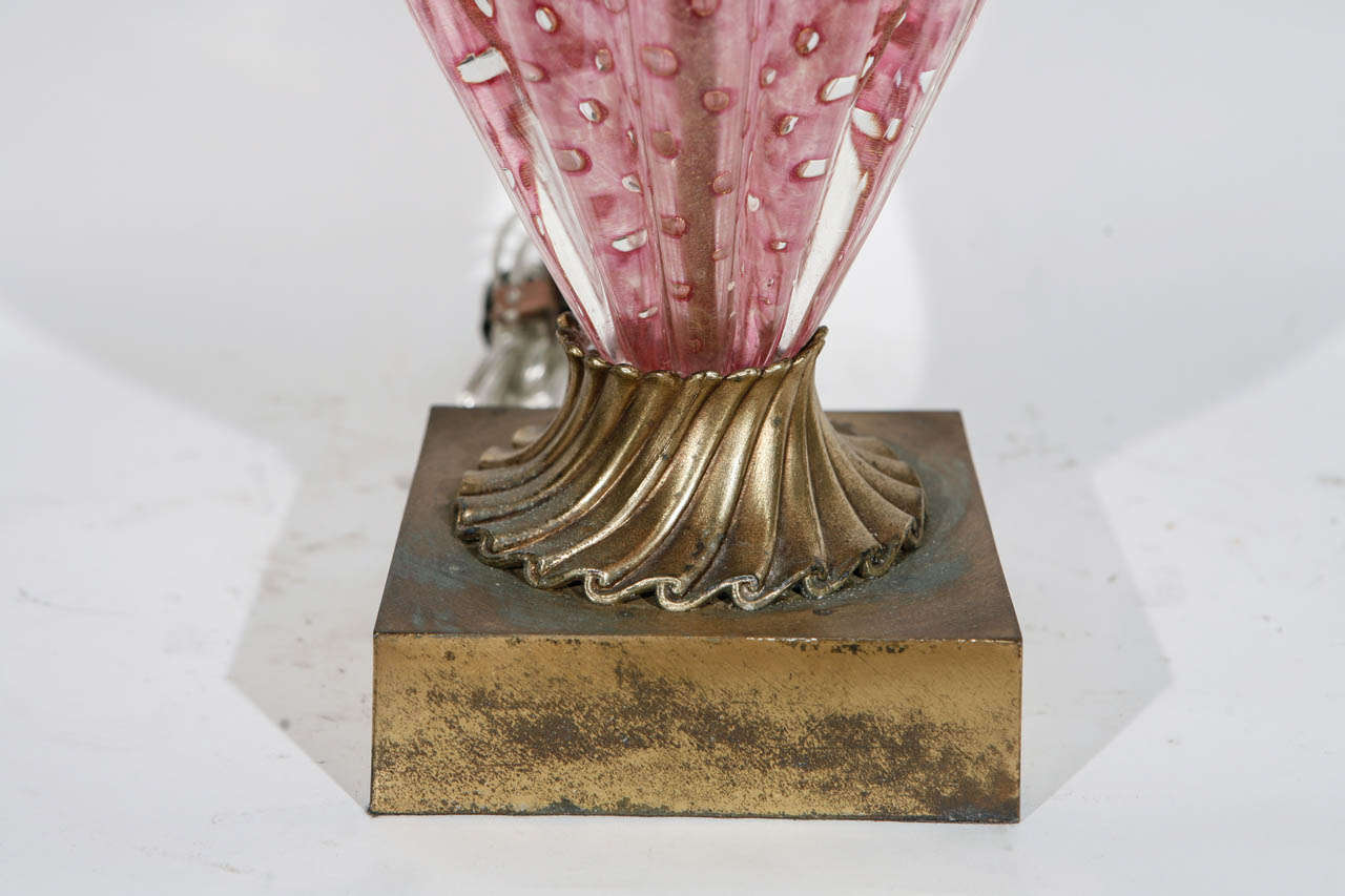 Pair of Midcentury Pink Murano Lamps with Gold Flecks In Excellent Condition In Los Angeles, CA