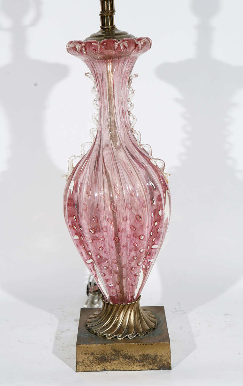 Mid-20th Century Pair of Midcentury Pink Murano Lamps with Gold Flecks