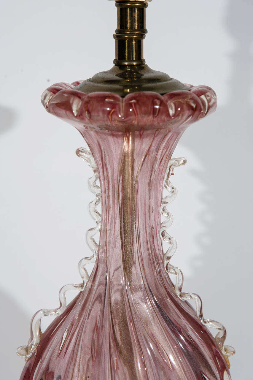 Murano Glass Pair of Midcentury Pink Murano Lamps with Gold Flecks