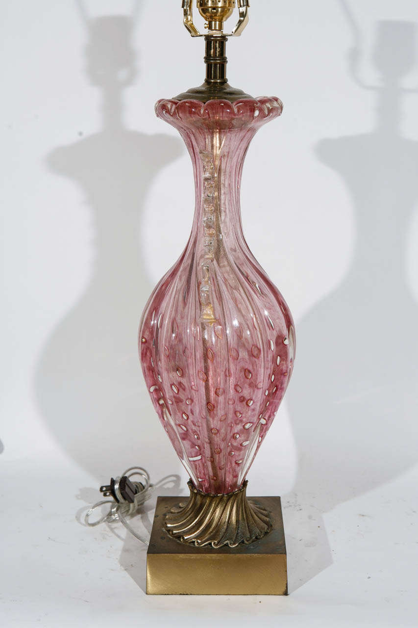 Pair of Midcentury Pink Murano Lamps with Gold Flecks 1