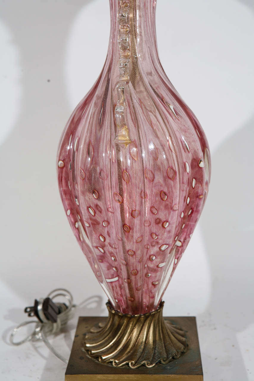 Pair of Midcentury Pink Murano Lamps with Gold Flecks 2
